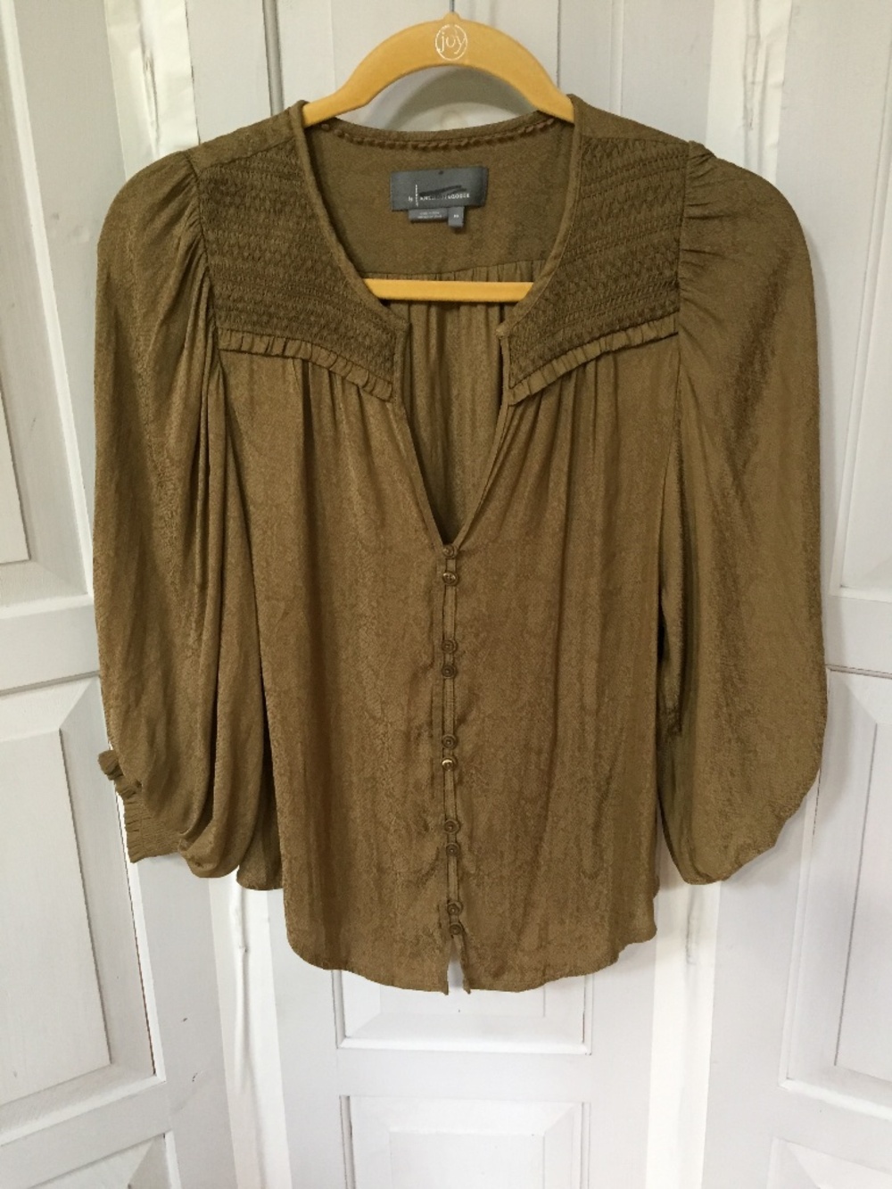 Anthropologie Olive Green Silky Button-Front Blouse